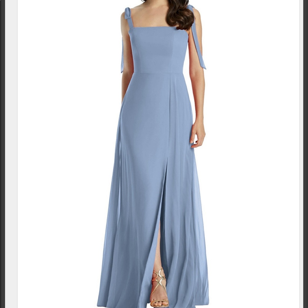 Dessy cloudy blue Tie-Shoulder Chiffon Bridesmaid dress with front slit size 12